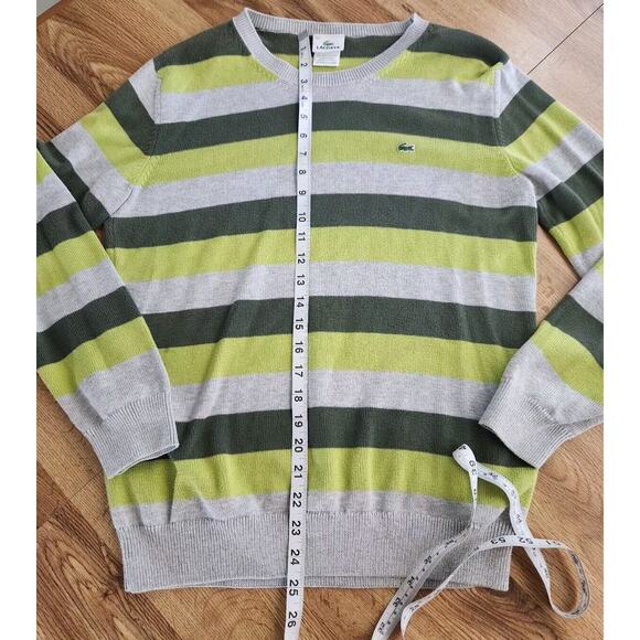 Lacoste Men's Crew Neck Gray & Green Striped 100% Cotton Sweater 46 - Picture 3 of 8